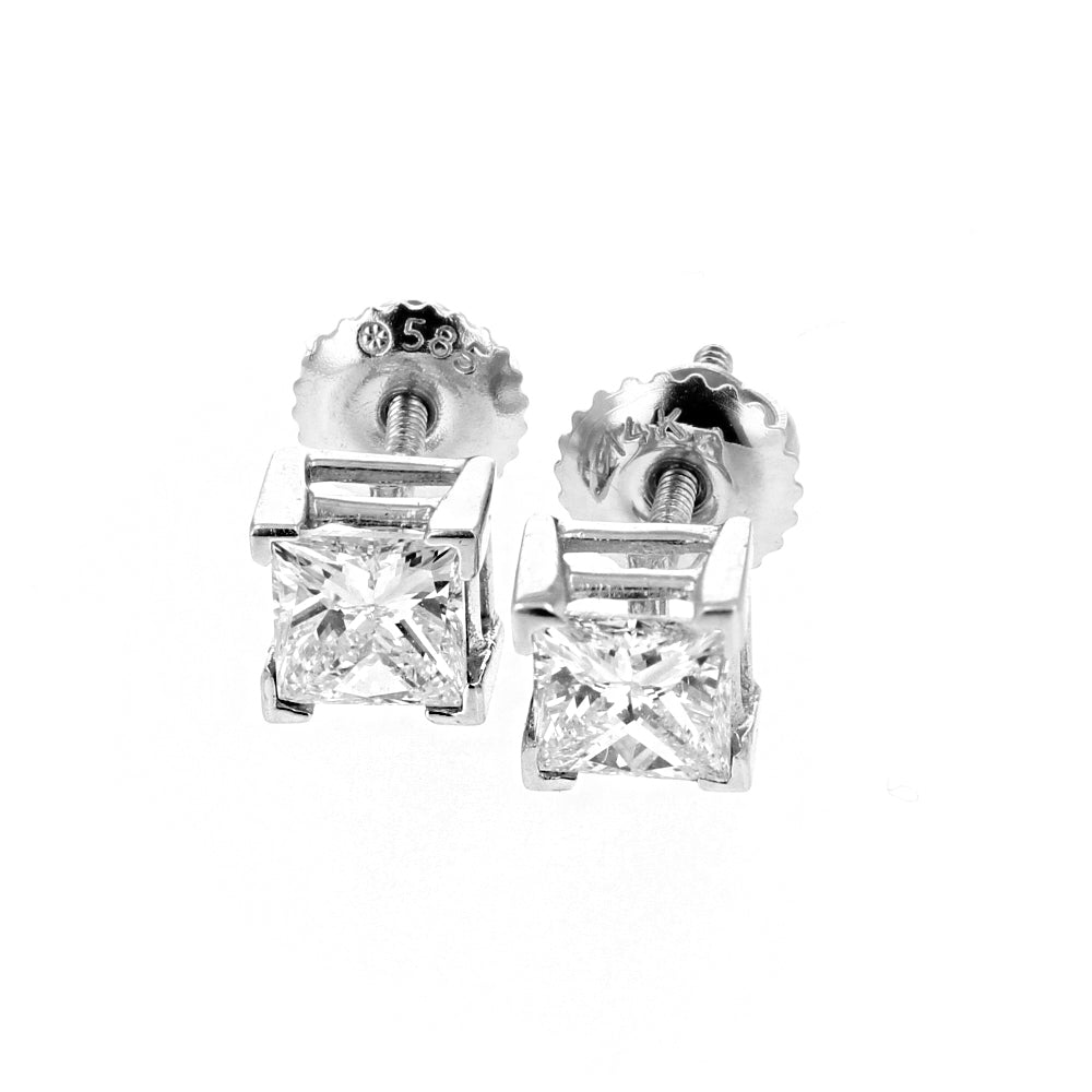 14k White Gold Diamond Princes Cut Stud Earrings