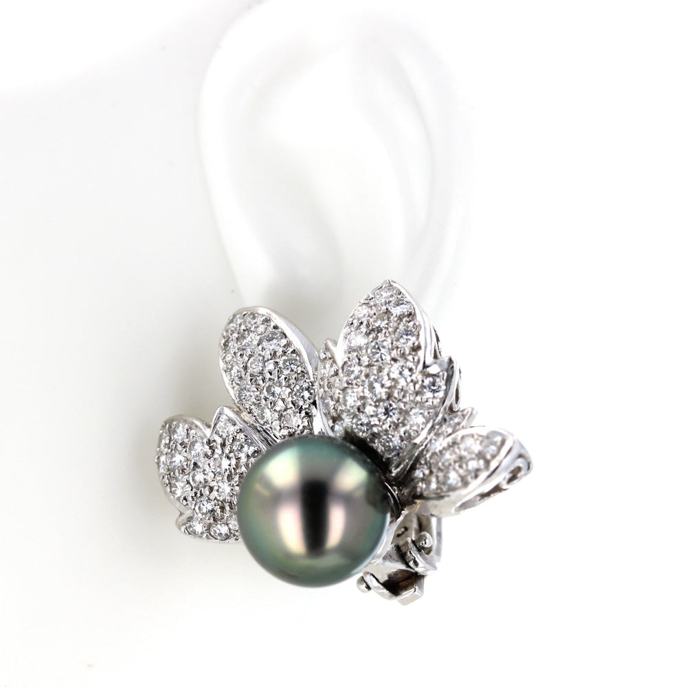 Platinum Diamond & Gray Pearl Clip-on Flower Earrings