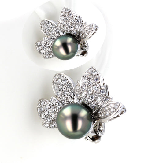 Platinum Diamond & Gray Pearl Clip-on Flower Earrings