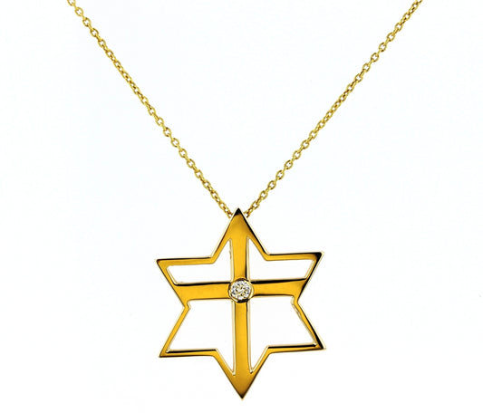 14KT Yellow Gold Diamond Star Of David & Cross Pendant