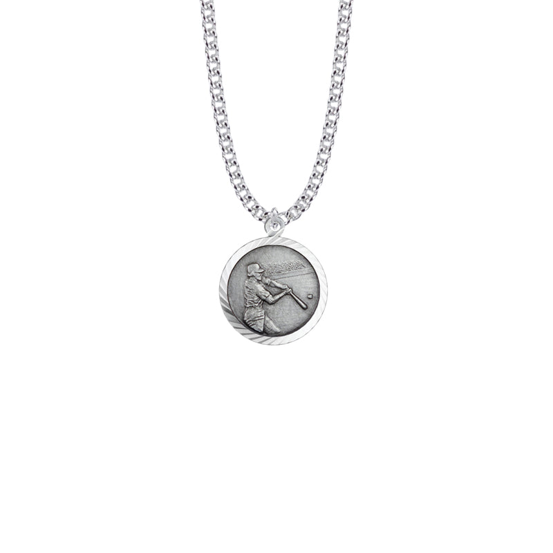 Round Sterling Silver Boy's Baseball Player Medal with St. Christopher on Back