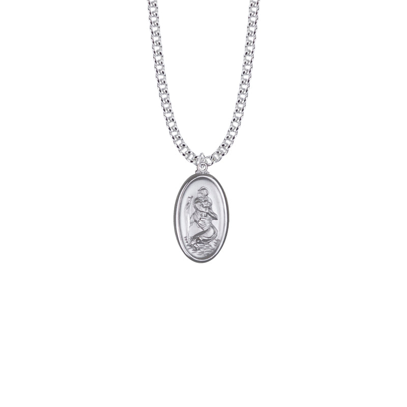 Silver Oval St. Christopher Polished Border Medal, Patron Saint of Travelers