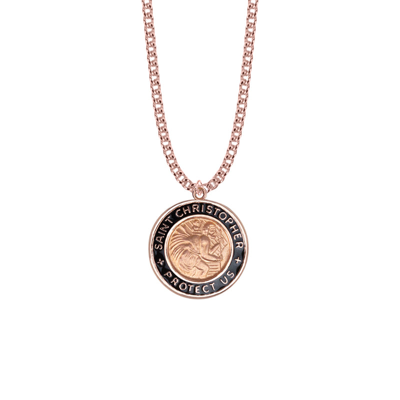Two-Tone Rose Gold Over Sterling Silver Black Enameled St. Christopher Medal, Patron Saint of Travelers