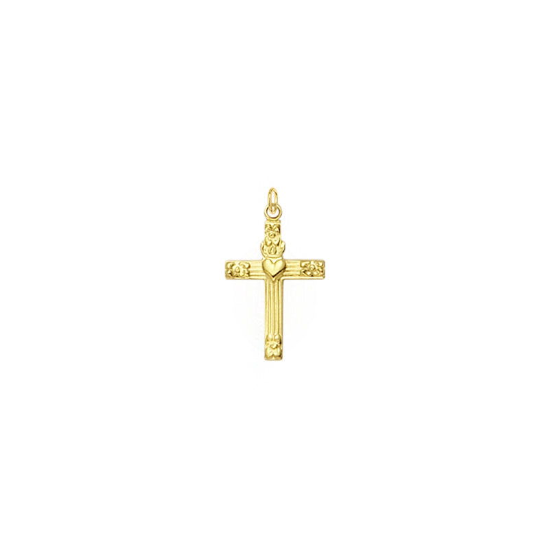 5/8 Inch Gold Centered Heart with Flowered Ends Cross Pendant
