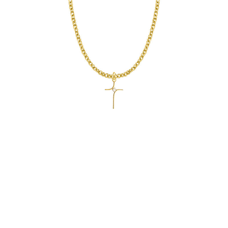 Gold Plated Over Sterling Silver Modern Looking Cross Necklace with Cubic Zirconia Stone