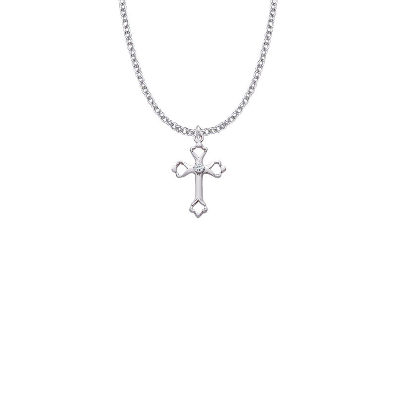 Sterling Silver Open Budded Ends Cross Necklace with Cubic Zirconia Stone
