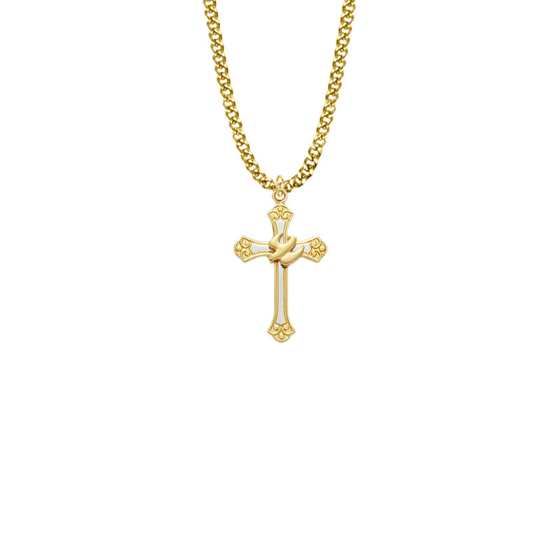 Two-Tone Gold Plated Over Sterling Silver Dove and Budded Ends Cross Necklace