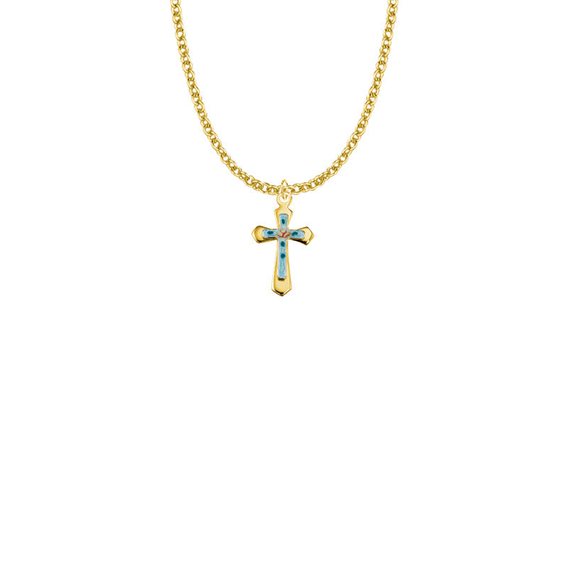 11/16 Inch Gold Plated Over Sterling Silver Enameled Rose and Pointed Ends Cross Necklace