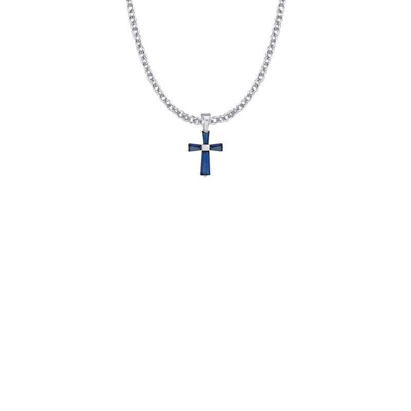 5/8 Inch Sterling Silver and Glass Crystal First Communion September Birthstone Baguette Cross Necklace