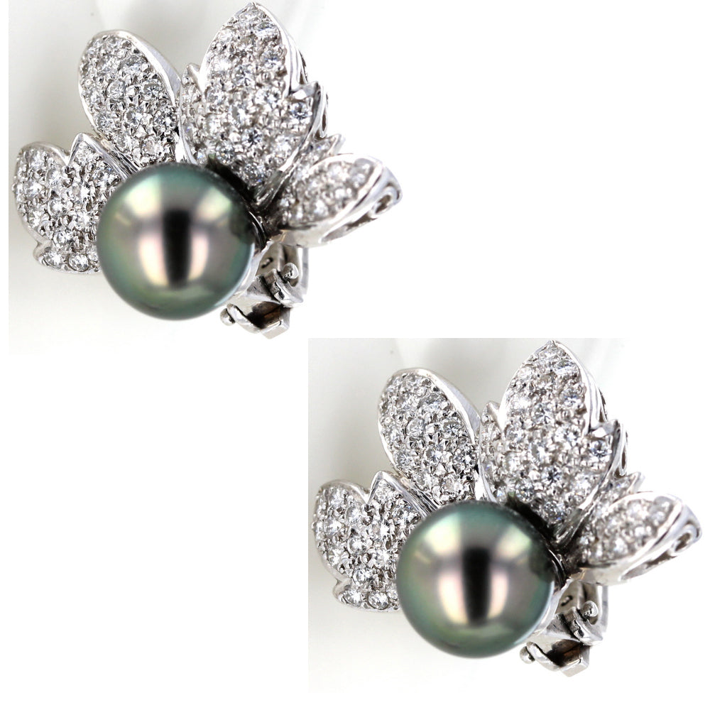 Platinum Diamond & Gray Pearl Clip-on Flower Earrings