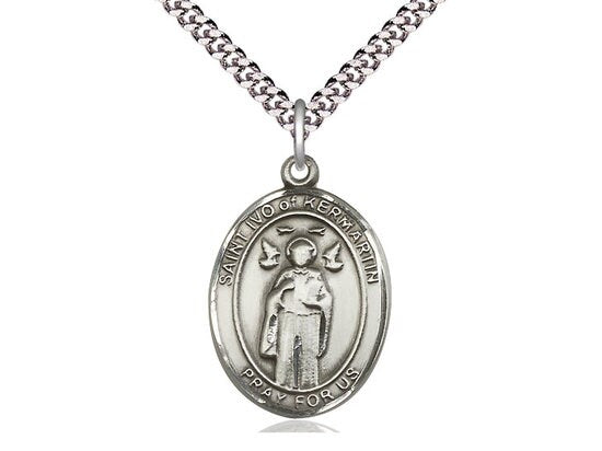 St Ivo Sterling Silver Pendant on a 24 inch Light Rhodium Heavy Curb Chain.