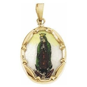 Yellow 17x13 mm Our Lady of Guadalupe Hand-Painted Porcelain Medal