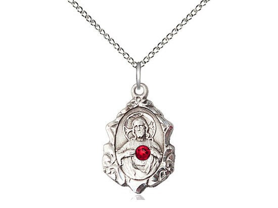 Sterling Silver Scapular Pendant with a 3mm Ruby Swarovski stone on a 18 inch Sterling Silver Light Curb Chain.