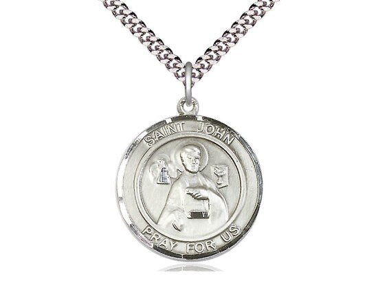 St John the Apostle  Sterling Silver Pendant on a 24 inch Light Rhodium Heavy Curb Chain.