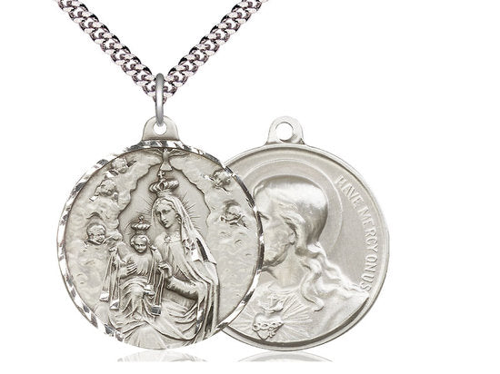 Our Lady of Mount Carmel / Sacred Heart of Jesus Sterling Silver Pendant on a 24 inch Light Rhodium Heavy Curb Chain.