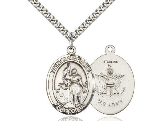 St Joan of Arc Army Sterling Silver Pendanton a 24 inch Light Rhodium Heavy Curb Chain.