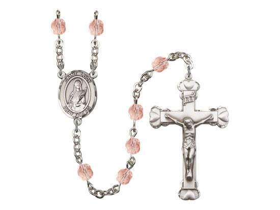 St. Lucy Center Hand Made Silver Plate Rosary with 6mm Fire Polished Pink Beads