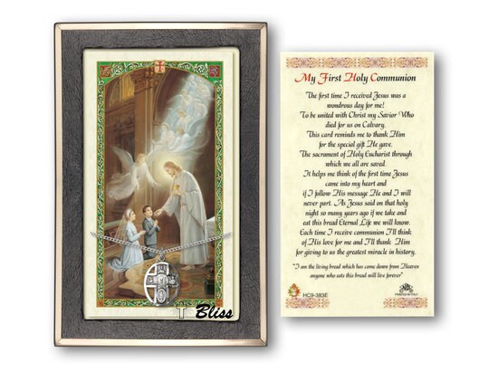 5-Way / Chalice Medal on a 18 inch Lite Curb Chain with a My First Holy Communion Prayer Card.