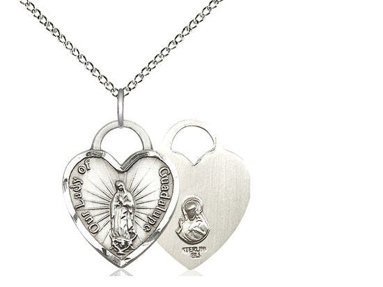 Our Lady of Guadalupe Heart Sterling Silver Pendant on a 18 inch Sterling Silver Light Curb Chain