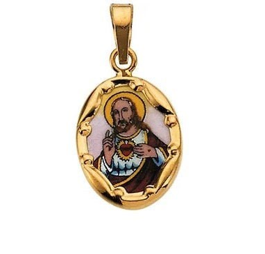 Yellow  Sacred Heart of Jesus Hand-Painted Porcelain Pendant