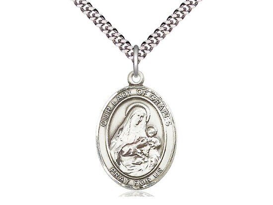 Our Lady of Grapes Sterling Silver Pendant on a 24 inch Light Rhodium Heavy Curb Chain.