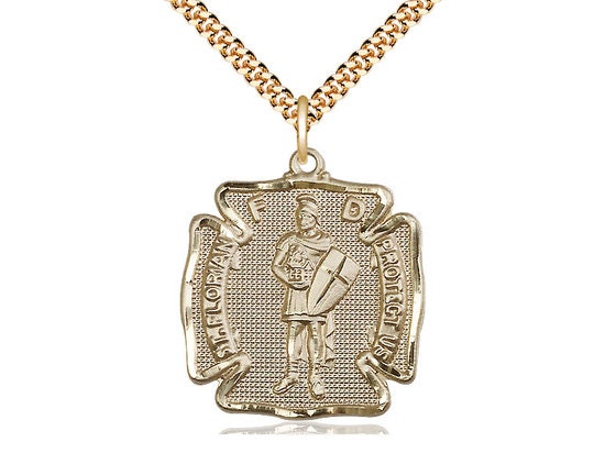 St Florian Gold Filled Pendant on a 24 inch Gold Plate Heavy Curb Chain.