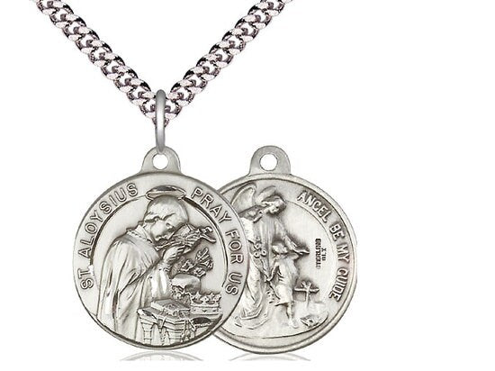 Saint Aloysius / Guardian Angel Sterling Silver Pendant on a 24 inch Light Rhodium Heavy Curb Chain.