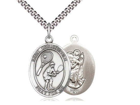 St Christopher Tennis Sterling Silver Pendant on a 24 inch Light Rhodium Heavy Curb Chain.