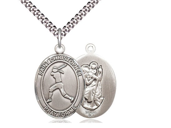 St Christopher Softball Sterling Silver Pendant on a 24 inch Light Rhodium Heavy Curb Chain.